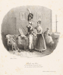 Two women and a soldier in uniform, Ma foi, ma chère! Il n'est tel que la grande tenue, print,