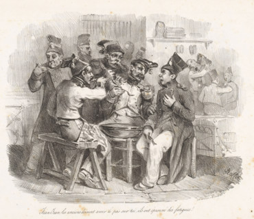 Jean-Jean in conversation with older soldiers, Jean-Jean, les anciens doivent avoir le pas sur toi,