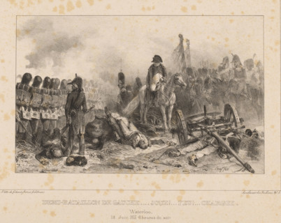 Napoleon among soldiers during the Battle of Waterloo, June 18, 1815, Demi-bataillon de gauche...
