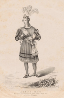 Portrait of Amalia Masi as Tancredi, print, The sitter wears a uniform with a sword and a helmet.,