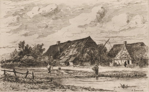 Farm near Kalmthout, Une ferme à Calmpthout (original title), print, In the foreground two women