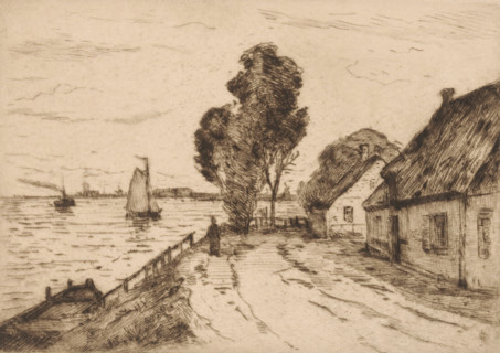 Village view in Kinderdijk, print, On the left a sailboat sails, on the right houses stand along