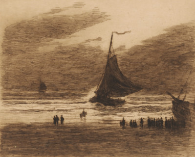 Fishing boat entering the beach, print, A pink returns from fishing in the evening. A group of