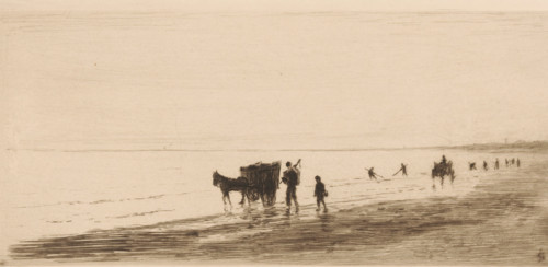 Shellfish fishermen at Katwijk, print, Shellfish fishermen walk in the surf with baskets and