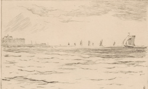 Sailing ships at the roadstead of Vlissingen, print, Sailing ships at anchor off the port of