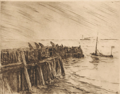 Harbour breakwater in Vlissingen, print, People walking against the wind on the breakwater.,