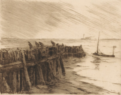 Harbour breakwater in Vlissingen, print, People walking against the wind on the breakwater.,