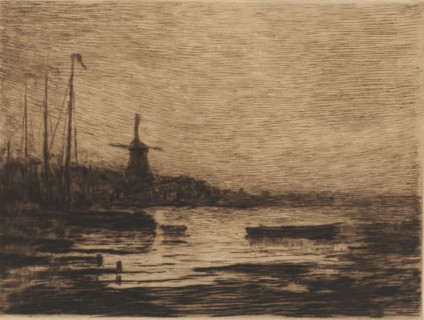 View of Zwijndrecht at evening, print, View of the banks of the Meuse with a mill on the left.,