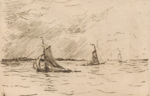 Three sailboats on the Meuse, print, number: '364', printmaker: Carel Nicolaas Storm van