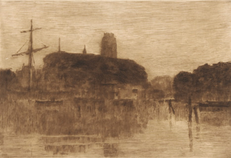 View of the Nieuwe Haven in Dordrecht at evening, print, On the left the mast of a sailing ship. In
