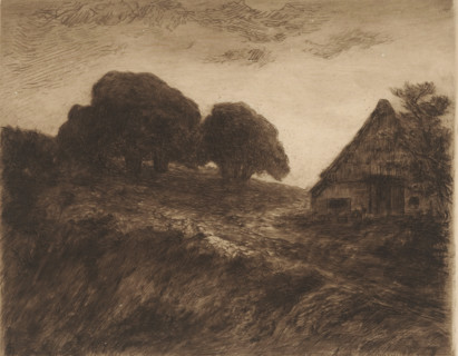 Hill landscape with chestnut trees and barn near Materborn, print, number: '412', printmaker: Carel