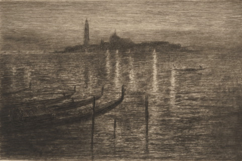View of San Giorgio Maggiore in Venice at night, print, Gondolas are moored in the foreground. The