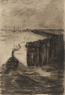 Seascape with pier at Cuxhaven, print, On the left a tugboat sails in front of the pier., number: