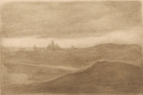 Twilight in the dunes near Scheveningen, print, On the horizon the outlines of the Kurhaus.,