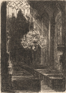 Church interior in Cleves, print, A chandelier hangs in the middle of the church., number: '24',