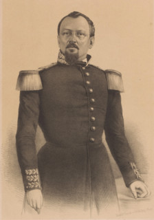 Portrait of Mr. Keller, print, The sitter stands next to a table. He is wearing a coat with