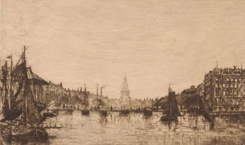 View of the Amstel and the Zuiderkerk tower, print, printmaker: Frans Schikkinger, 1867 - 1902,