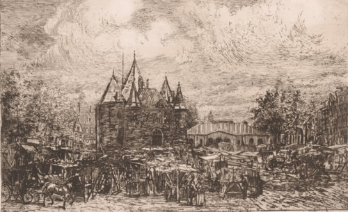 View of the Nieuwmarkt in Amsterdam, print, printmaker: Frans Schikkinger (signed by artist), 1848