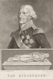 Portrait of Jonkheer Johan Hendrik van Kinsbergen and tomb, print, Portrait of Lieutenant Admiral