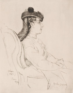 Sitting woman with headdress, print, printmaker: Emile Auguste Carolus-Duran, France, 1874, paper,