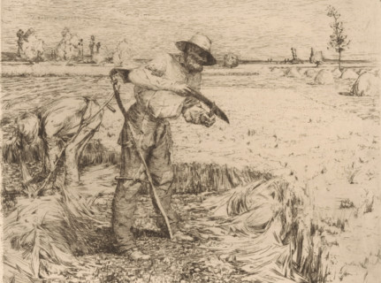 Mowers in the field, print, Top right numbered 1., watermark, printmaker: Jules Bastien-Lepage,