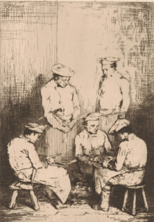 Group of five cooks, three of whom are peeling, Les éplucheurs, Eaux-Fortes Modernes: Originales et