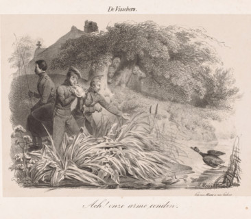 The Fishermen, Soldiers fishing for ducks, print, One of the soldiers is pulling a duck to the