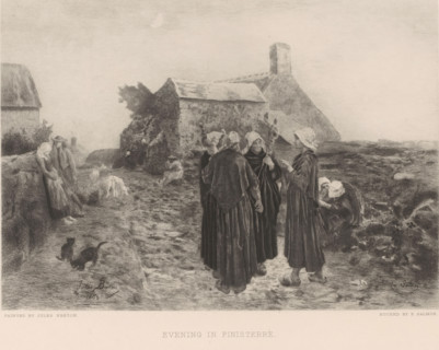Evening in Finisterre, Country road at night with villagers, print, printmaker: Emile Frédéric