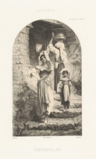 Women carrying tubs on a staircase, Cervarolles, print, printmaker: Eugène Louis Pirodon, after