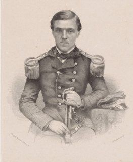 Portrait of an unknown naval officer, print, The sitter holds his saber with both hands. His cap