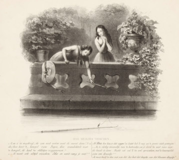 Two fishing girls, How girls fish, print, A girl fishes the fallen fishing rod of a second girl out