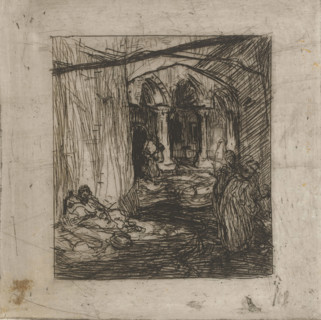 Rag pickers, print, Figures in Oriental clothing on a street, including a reclining man.,