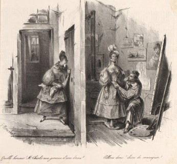 Quelle horreur! Mr. Charles aux genoux d'une dame!, Young woman spies on a painter in his studio,