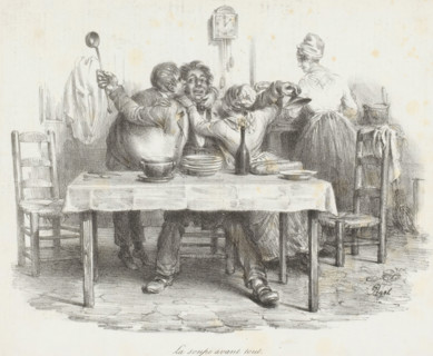 La soupe avant tout, Man at the table is embraced by two children while woman stands at the