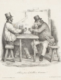Allons pas d'faiblesse humaine!, Two sad-looking men have a drink, print, printmaker: Edme Jean