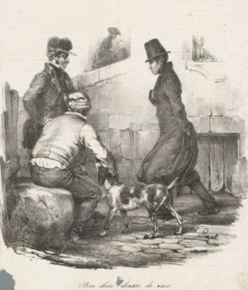Street scene with three men and a dog, Bon chien chasse de race, Scènes familières, Recognizable