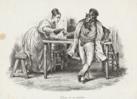 Verse à ce maître, Woman filling a man's glass with a bottle, Scènes familières, Recognizable