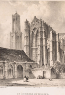 The Dom Church in Utrecht, Dom Church and Dom Tower in Utrecht, print, Several figures are walking