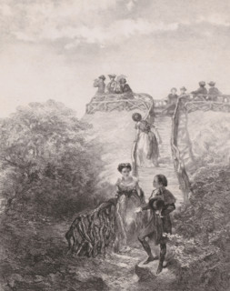 Belvedere, print, A group of men and women enjoys the view. A woman climbs the stairs while a man