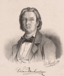 Portrait of E. van Bachmann, print, The sitter wears a knotted tie and glasses. His signature is