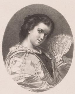 Woman with fan, print, The woman is seated facing right and has her head slightly bowed. In her