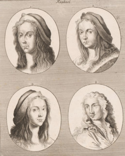 Four portraits of artist Raphael, print, Numbered center top: Tab. XV. The portraits are numbered