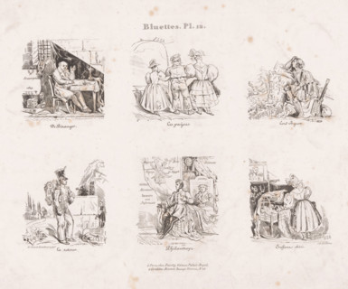 Six scenes with various people, Small scenes from everyday life, Bluettes, print, Series number,