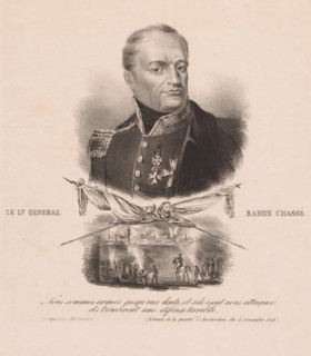 Portrait of Baron Chasse with vignette, print, The sitter wears a military uniform with knightly