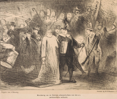 Caricature of Herman Schaepman, The True Night Watch, cartoon, print, Herman Schaepman walks at the