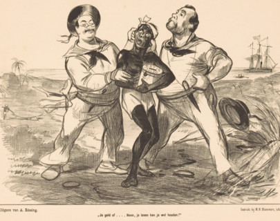 Cartoon about European extortion of non-Western countries, Two European men hold a black man,