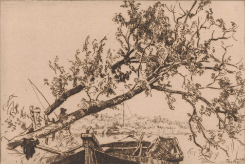 Slanted tree and Eudia (original title), Landscape with fallen tree, boats and angler, print,