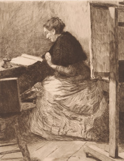 Reading woman at a table, print, printmaker: Leo Van Aken, 1867 - 1904, paper, etching, drypoint,