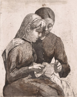 Two seated women reading a letter together, print, annotation: '2eme Eupreuve retouchée',