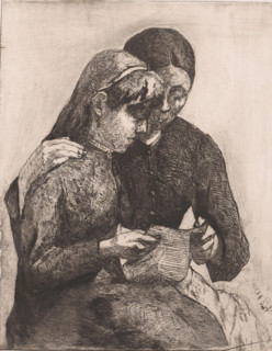 Two seated women reading a letter together, print, printmaker: Willem Albracht (signed by artist),